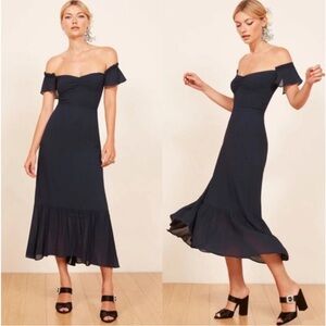 Reformation Off-Shoulder Navy Midi Dress